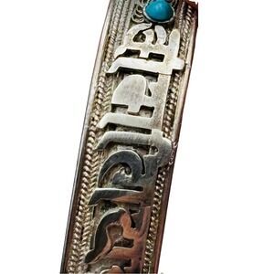 925 Sterling Silver Sanskrit Mantra Cuff Bracelet Turquoise Filigree Yoga Boho